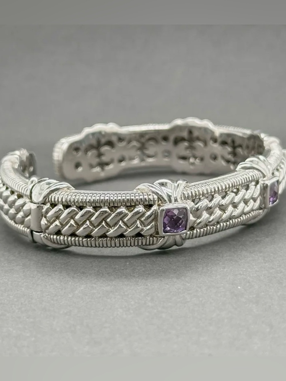 LIKE NEW. Judith Ripka Silver Braided Bracelet with Purple Amethyst Accents.